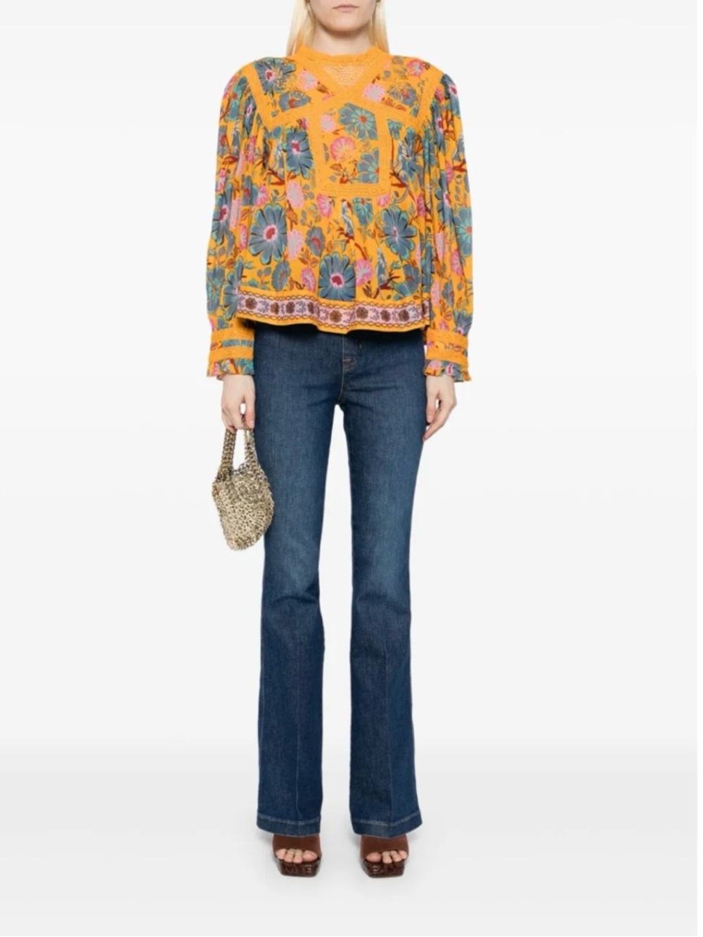 Farm Rio Mica Collar Blouse in Mica Yellow. Size Medium.